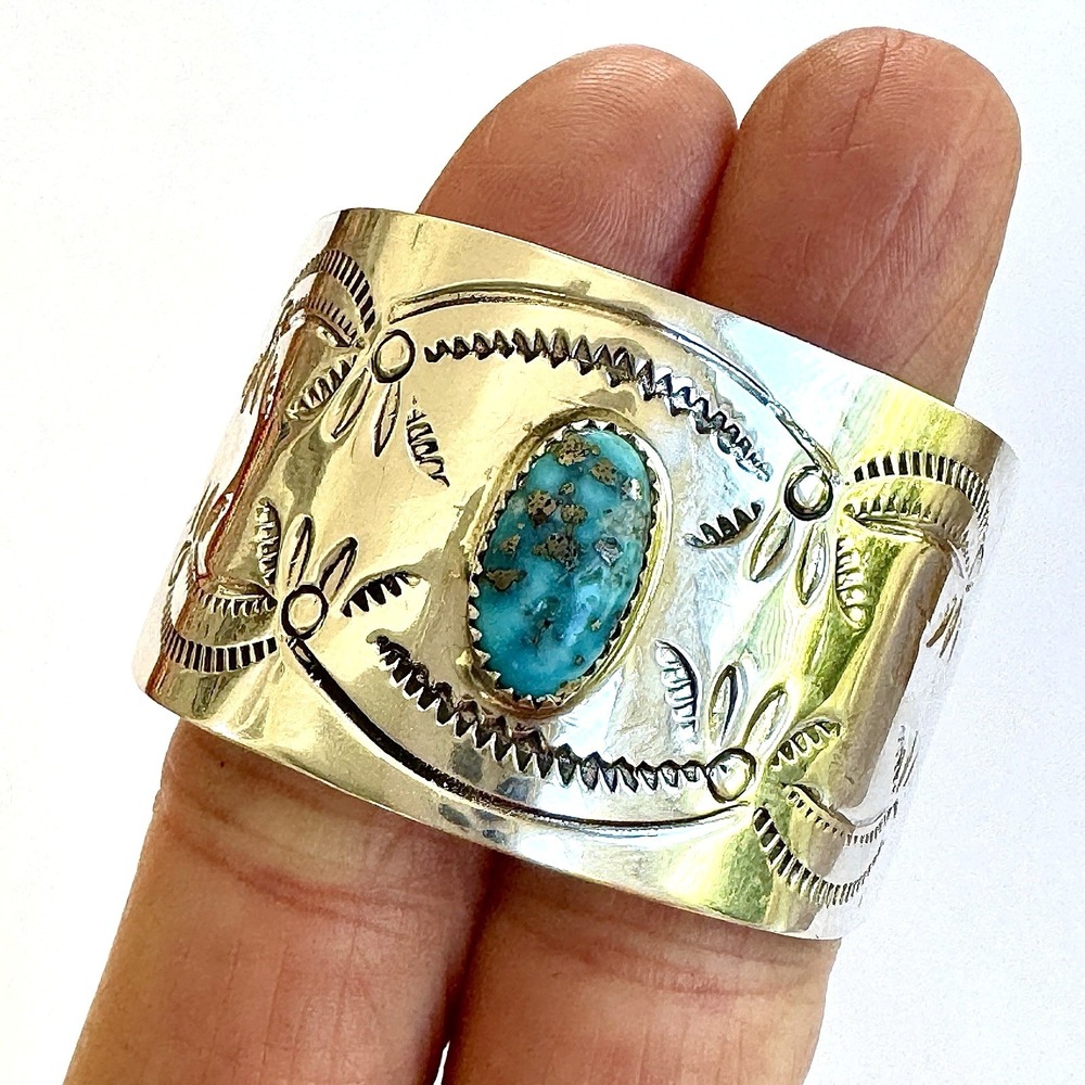 Navajo Hair Clip Turquoise Ponytail Tie Hand Stamped‎ Sterling Ornament